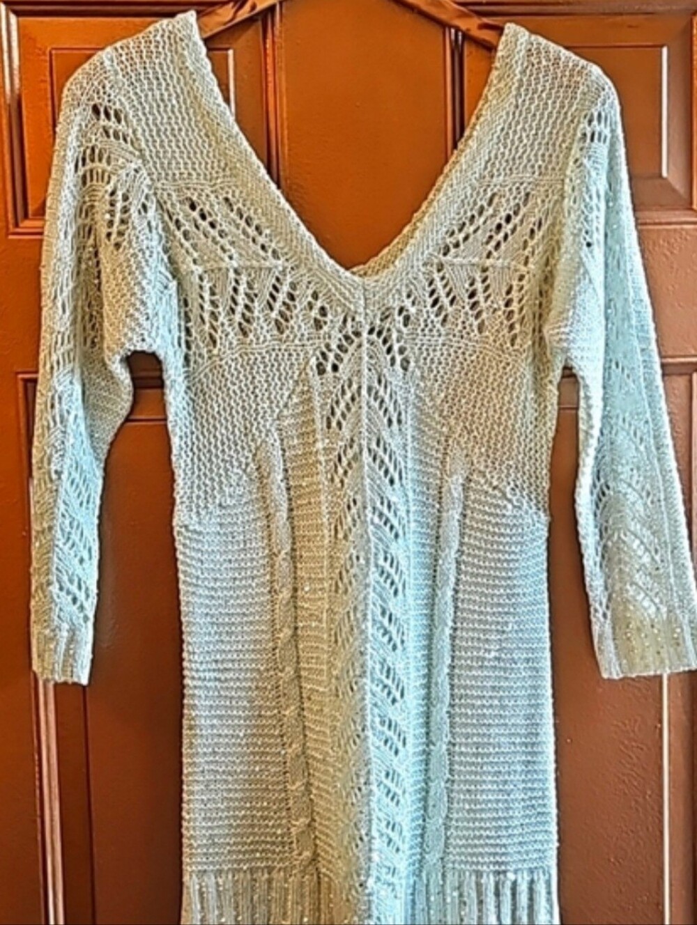 Studio Y Pale Green Open Weave Cable Knit Light Sparkle Tunic 3/4 Sleeve Sweater